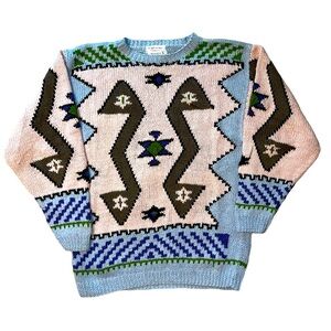 Vintage 80s Knitted By Hand Susann D Pullover Sweater Aztec Southwestern Size M